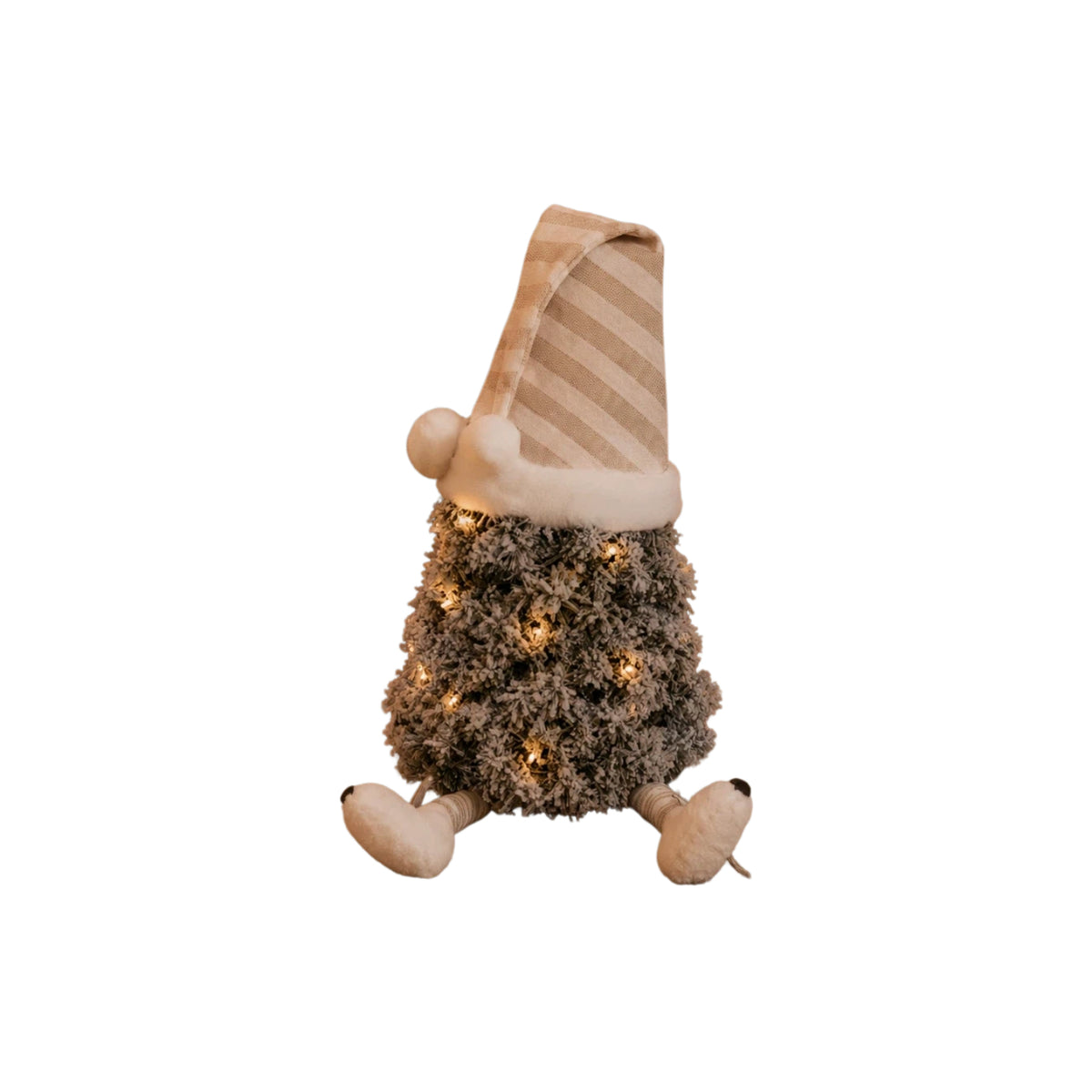 Flocked mini tree gonk with striped nightcap and dangly legs, white sleepy Snowdrift Gonk