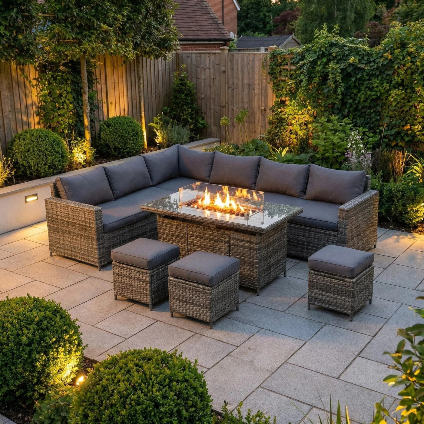 The Tarporley Grey 9 Seat Corner Firepit Rattan Dining Set