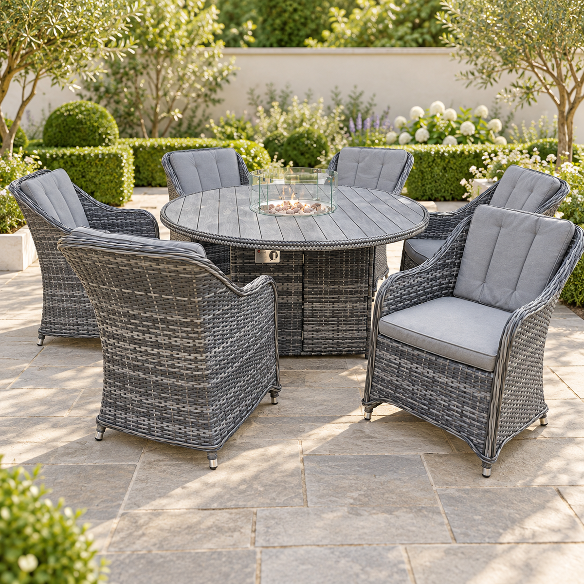 The Windle Six-Seater Rattan Firepit Garden Dining Set