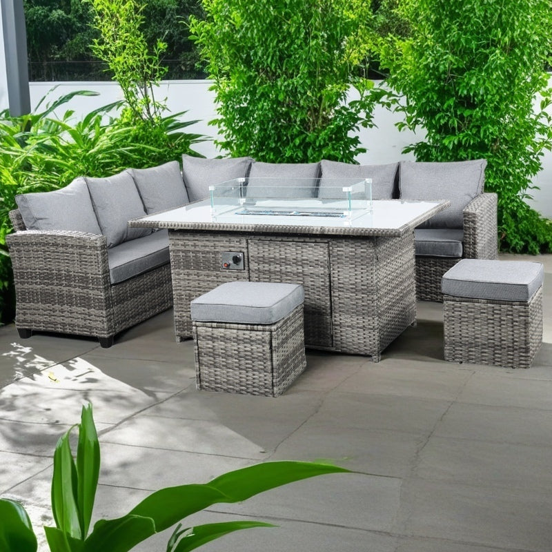 The Conwy 8 Seat Corner Gas Firepit Rattan Dining Set Dark Grey - Madefor.Living