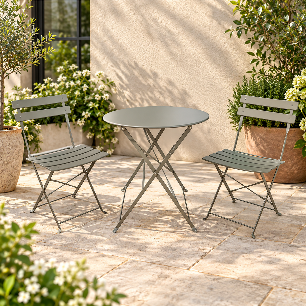 The Sutton-Leach Three-Piece Folding Metal Bistro Set