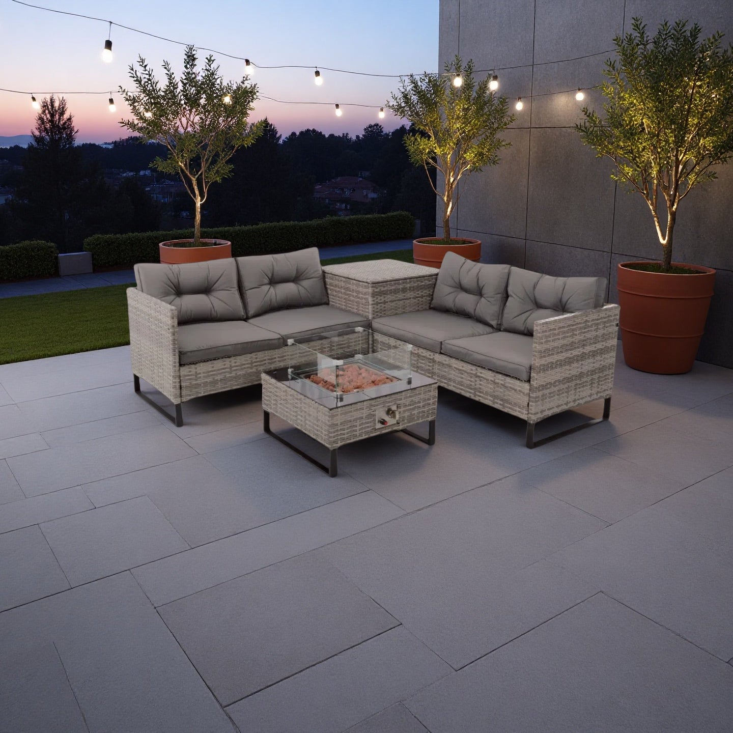 The Palma Grey Firepit Rattan Corner with Storage