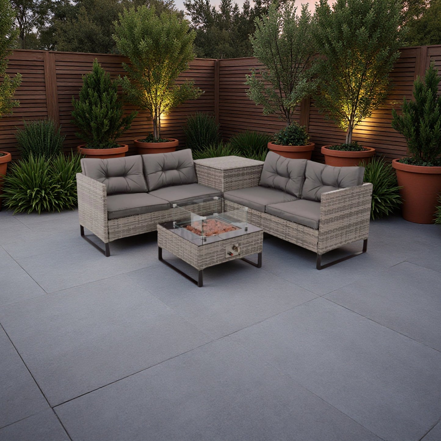 The Palma Grey Firepit Rattan Corner with Storage