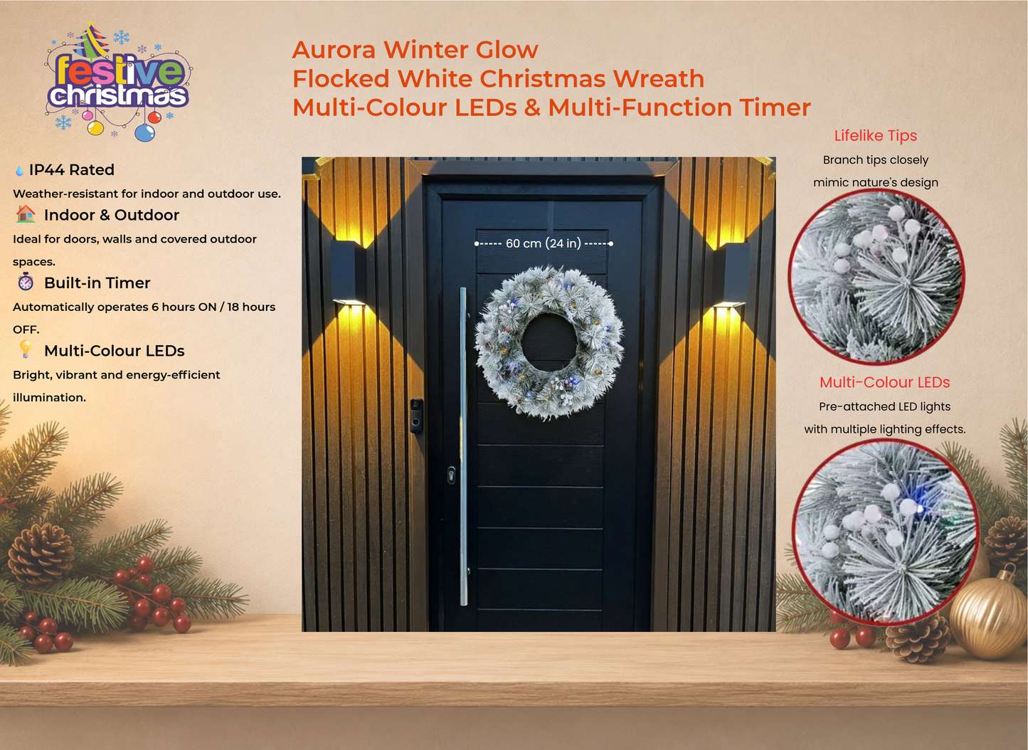 Aurora Winter Glow Christmas Wreath, flocked white with multi colour and multi function