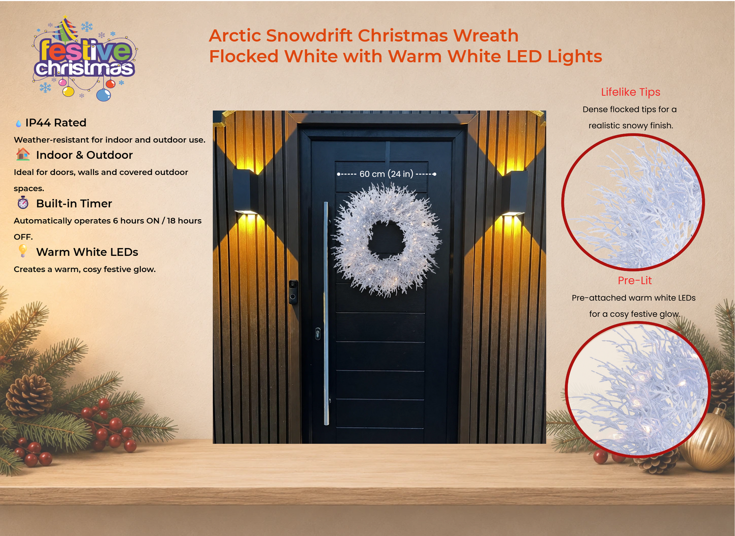 Arctic Snowdrift Christmas Wreath – Flocked White with Warm White LED Lights