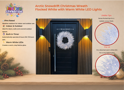 Arctic Snowdrift Christmas Wreath – Flocked White with Warm White LED Lights