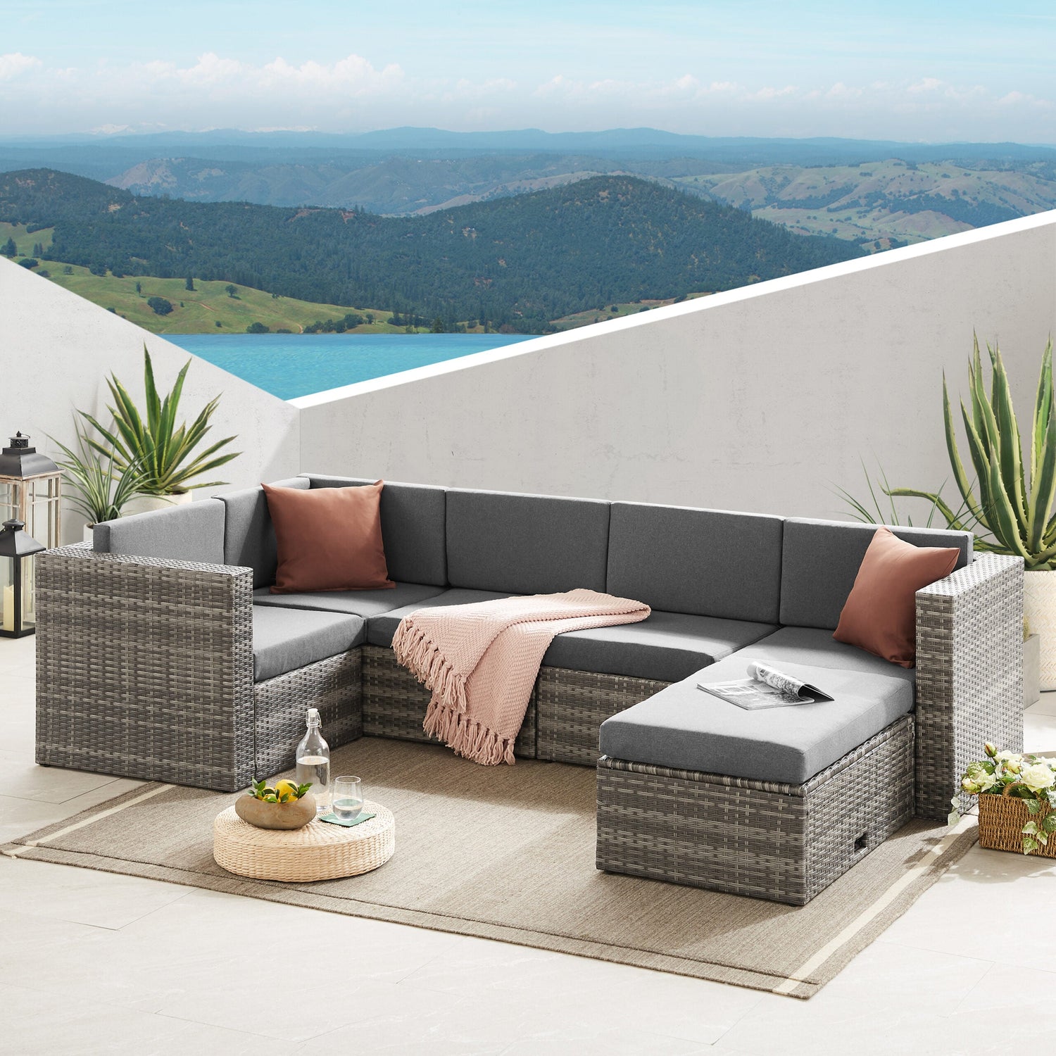 The Tatton Grey Rattan Garden Furniture 6 Seat Corner Sofa and Coffee Table Patio Set - Madefor.Living