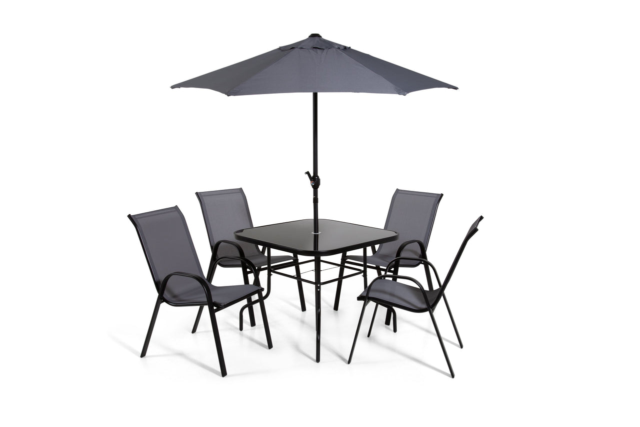 The Lancaster - Black and Grey Metal 4 Seat Garden Dining Set including Parasol