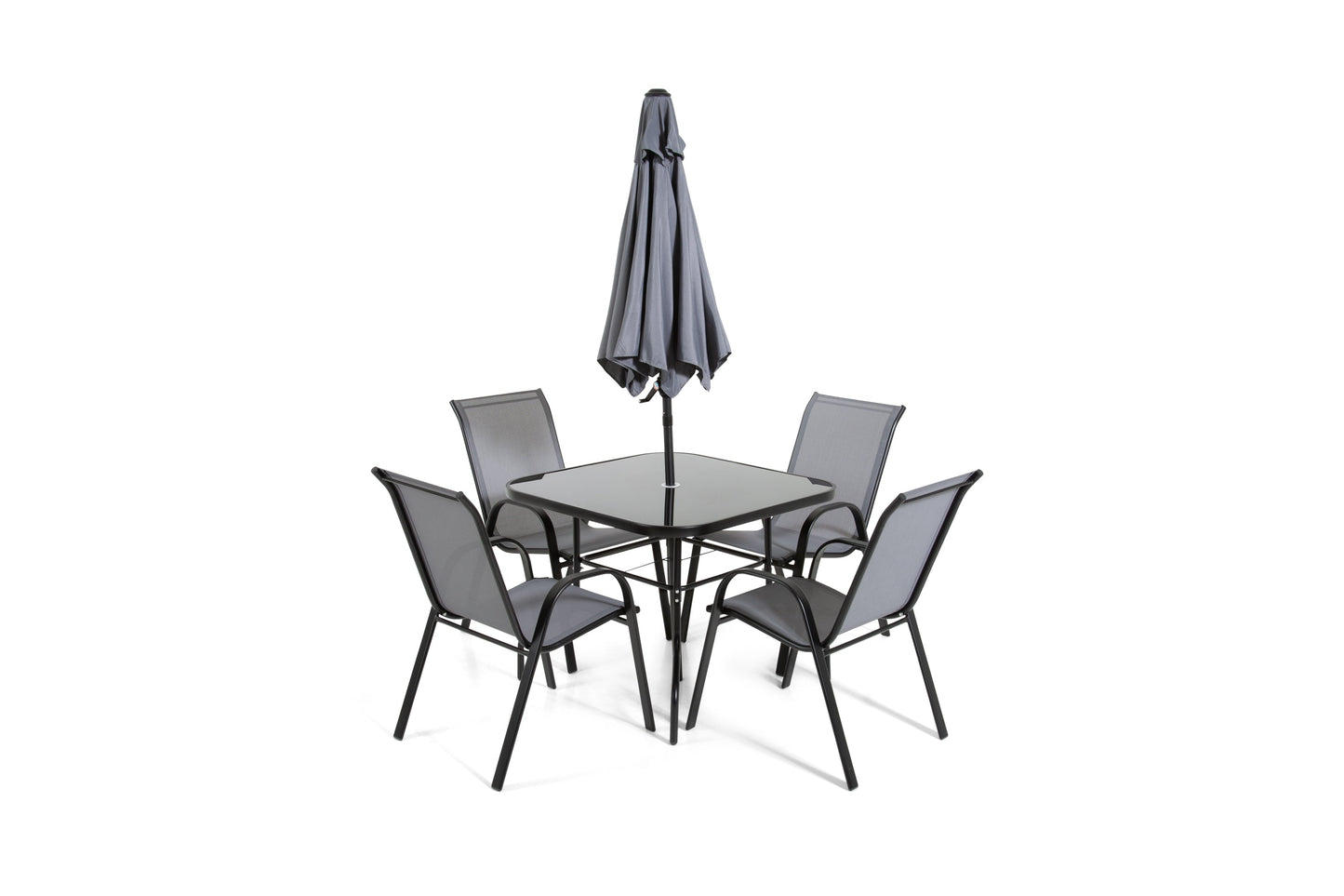 The Lancaster - Black and Grey Metal 4 Seat Garden Dining Set including Parasol - Madefor.Living