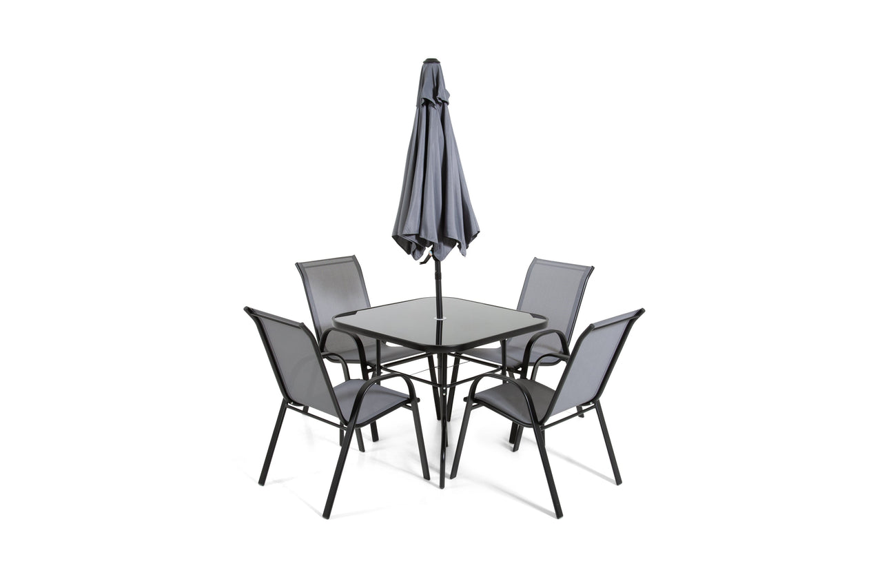 The Lancaster - Black and Grey Metal 4 Seat Garden Dining Set including Parasol