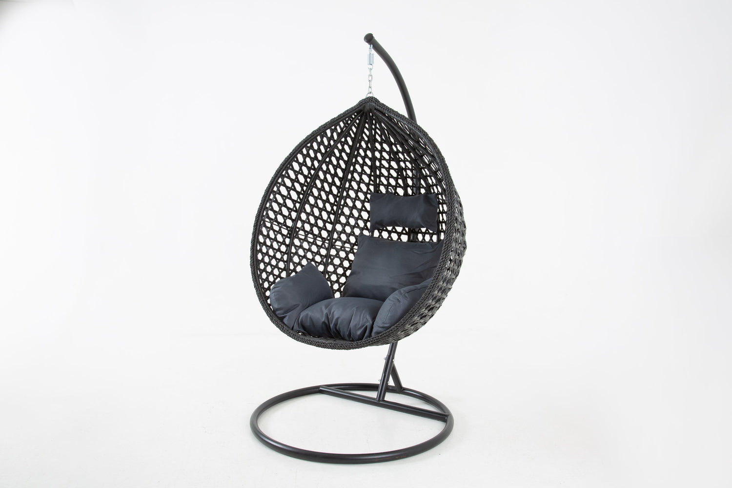 The Onyx Black Hanging Swing Pod Egg Chair - Large with deep Grey Cushions - Madefor.Living