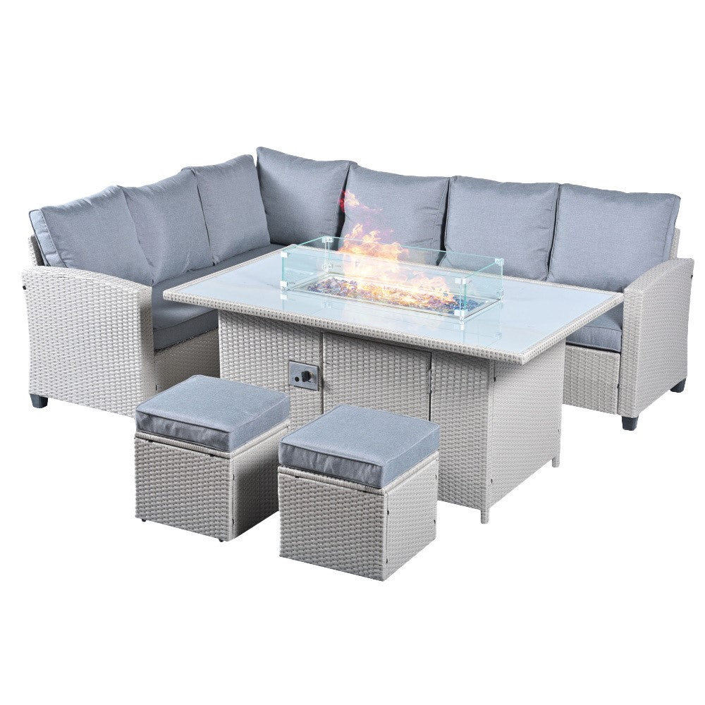The Conwy 8 Seat Corner Gas Firepit Rattan Dining Set - Madefor.Living