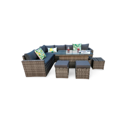 The Tarporley Grey 9 Seat Corner Rattan Dining Set - Rising Table - Madefor.Living