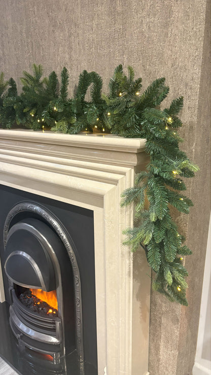 270cm Premium Mixed branch prelit Green Christmas Garland - with timer