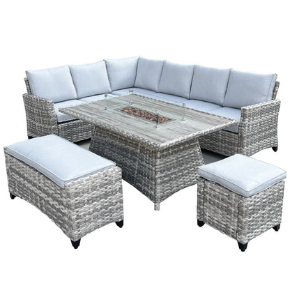 The Maldives Grey Aluminium 9 Seat Corner Gas Firepit Rattan Dining Set - Madefor.Living