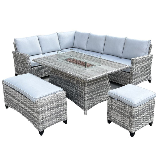 The Maldives Grey Aluminium 9 Seat Corner Gas Firepit Rattan Dining Set - Madefor.Living