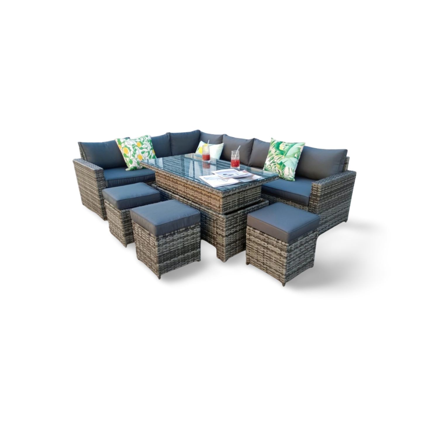 The Tarporley Grey 9 Seat Corner Rattan Dining Set - Rising Table - Madefor.Living