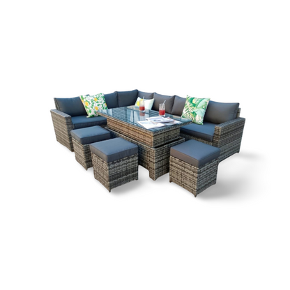 The Tarporley Grey 9 Seat Corner Rattan Dining Set - Rising Table - Madefor.Living