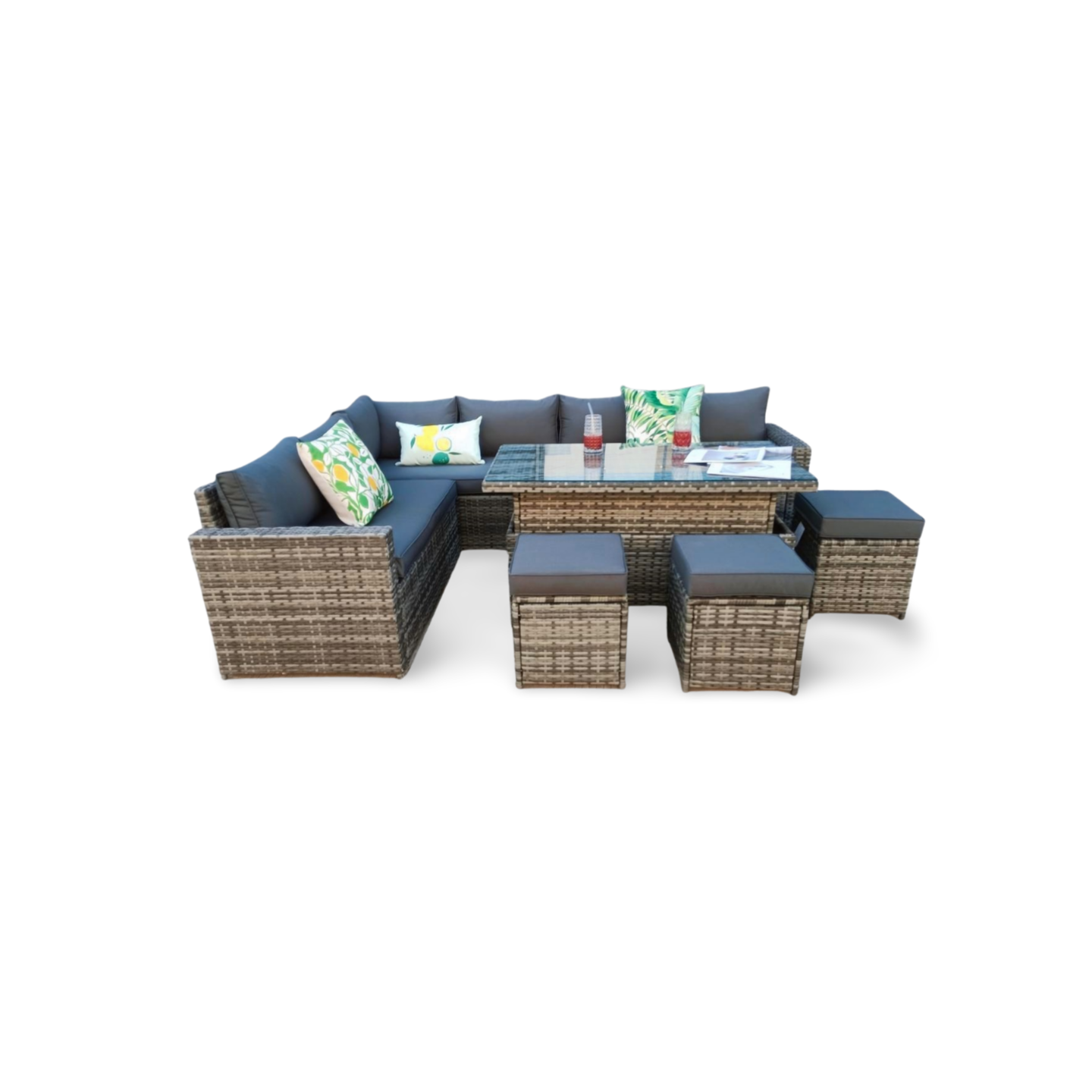 The Tarporley Grey 9 Seat Corner Rattan Dining Set - Rising Table - Madefor.Living