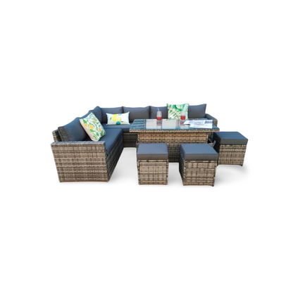 The Tarporley Grey 9 Seat Corner Rattan Dining Set - Rising Table - Madefor.Living