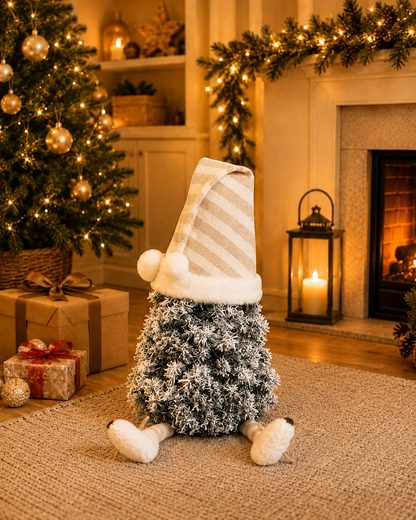 Flocked mini tree gonk with striped nightcap and dangly legs, white sleepy Snowdrift Gonk