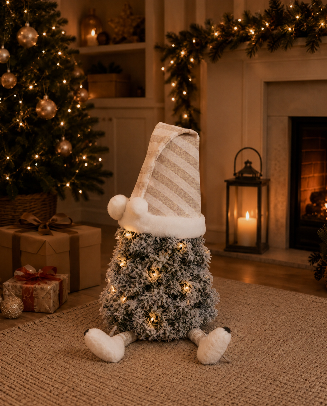 Flocked mini tree gonk with striped nightcap and dangly legs, white sleepy Snowdrift Gonk