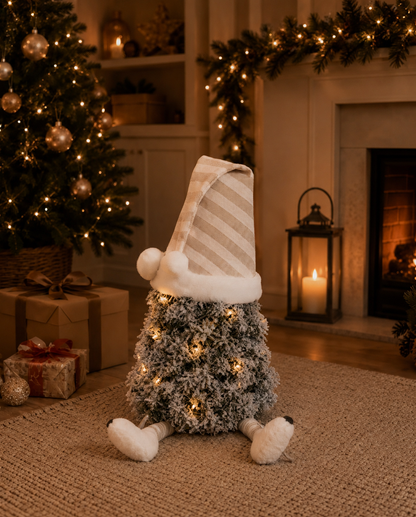 Flocked mini tree gonk with striped nightcap and dangly legs, white sleepy Snowdrift Gonk