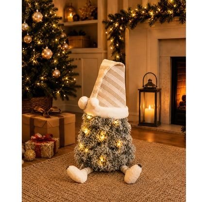 Flocked mini tree gonk with striped nightcap and dangly legs, white sleepy Snowdrift Gonk