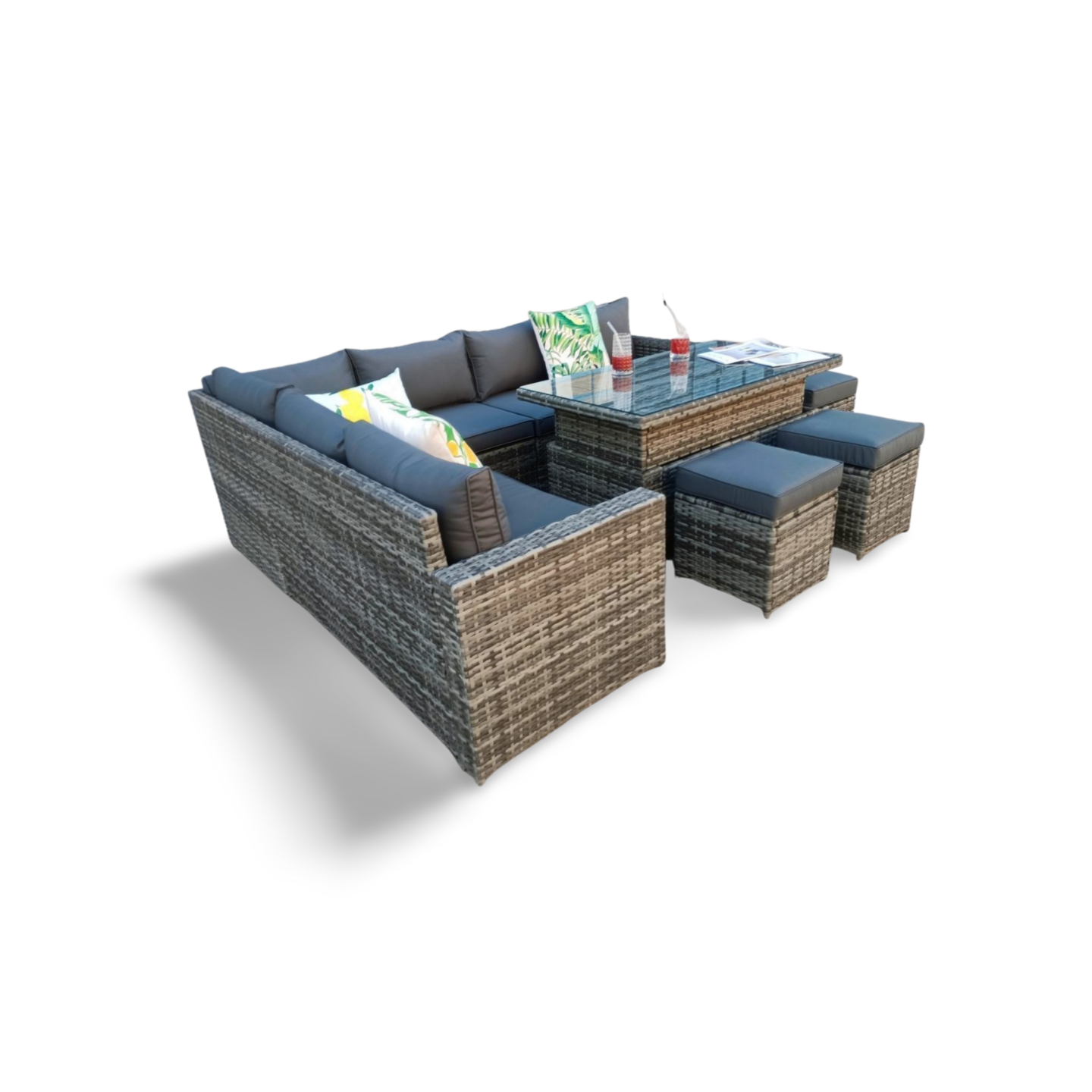 The Tarporley Grey 9 Seat Corner Rattan Dining Set - Rising Table - Madefor.Living