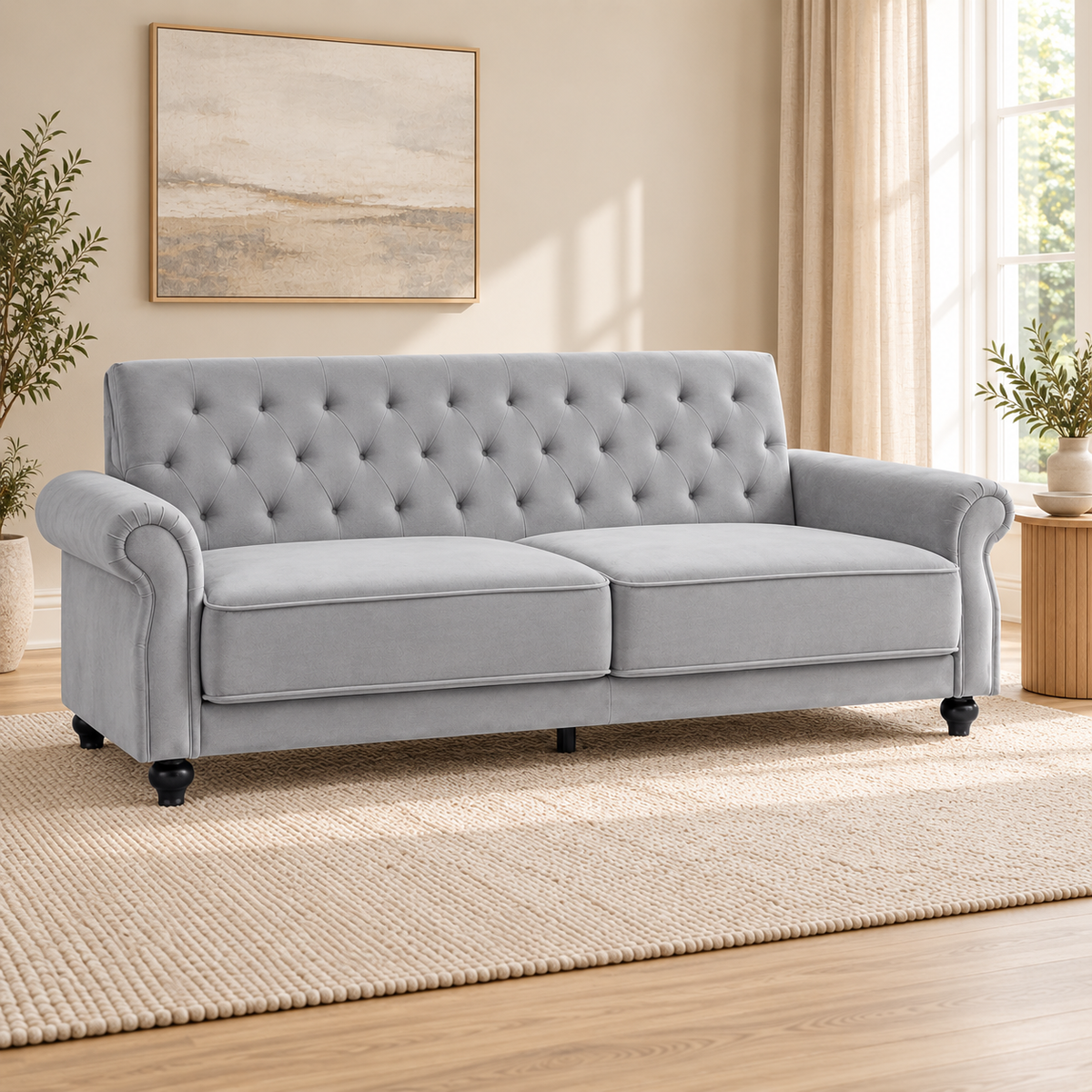 The Kensington Grey Velvet Three-Seater Sofa Bed