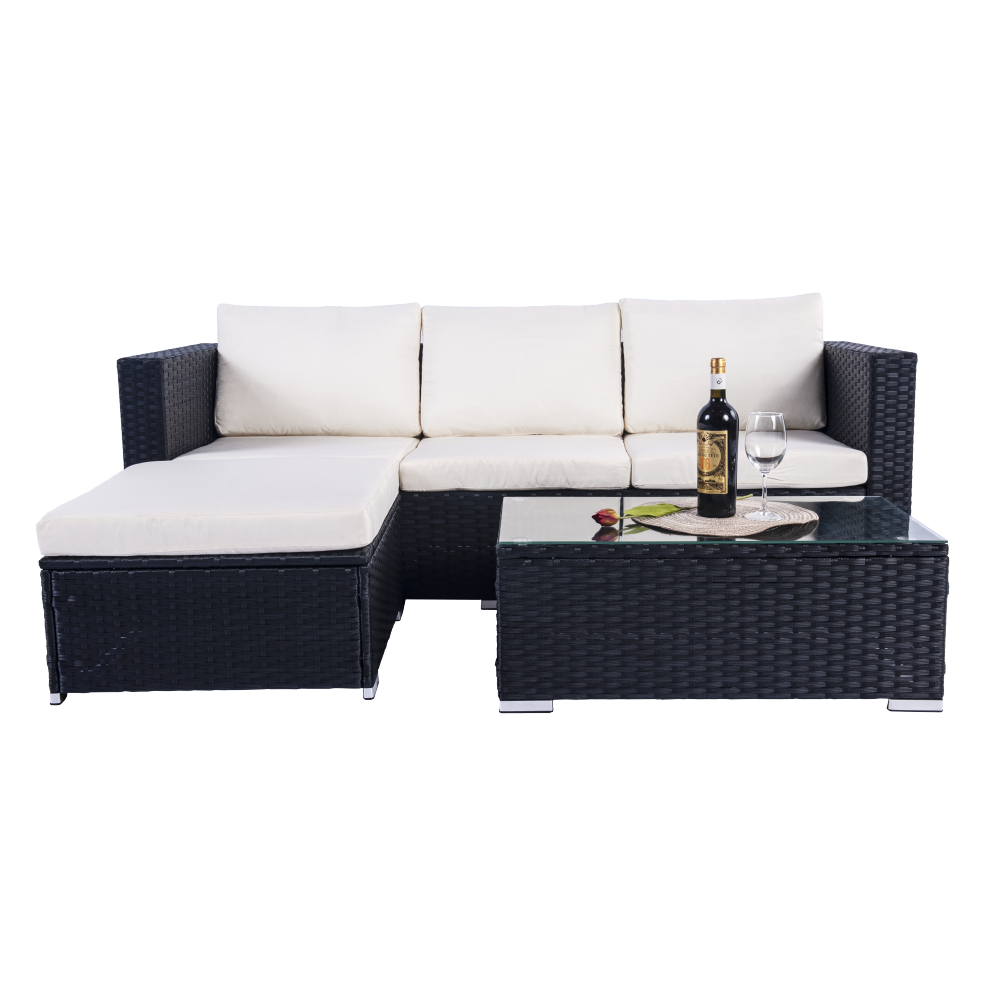 Mercia 4 Seat Black Rattan Set with white cushions