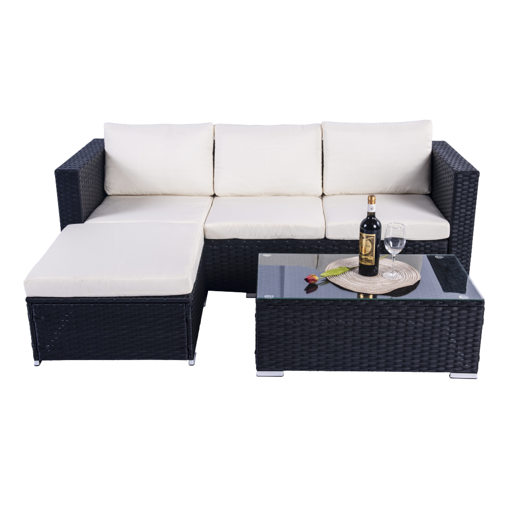 Mercia 4 Seat Black Rattan Set with white cushions