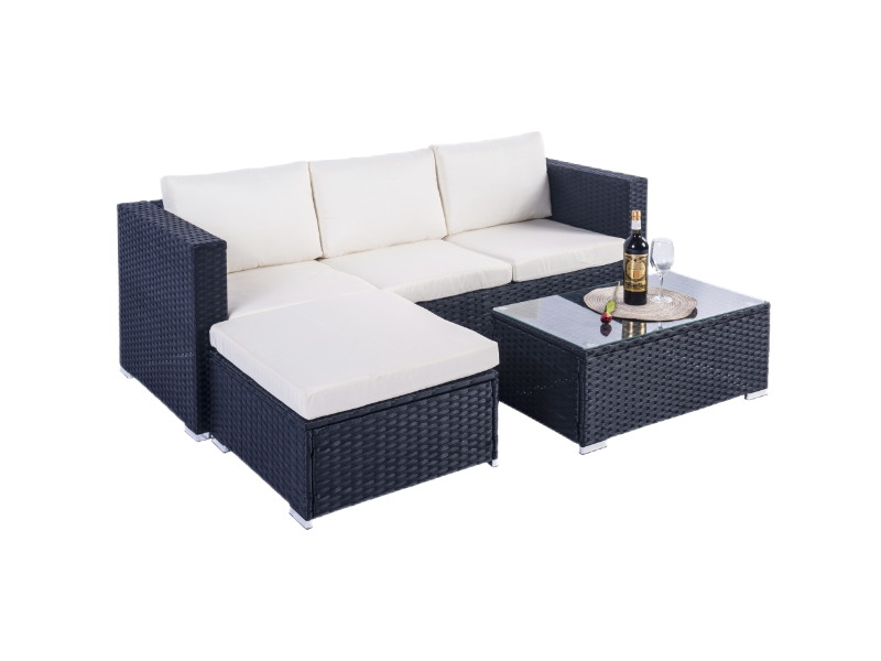 Mercia 4 Seat Black Rattan Set with white cushions