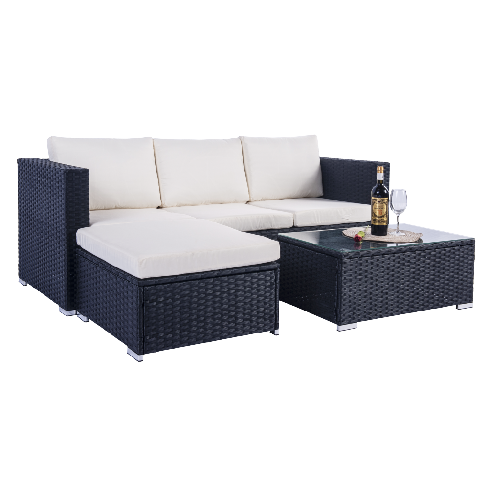 Mercia 4 Seat Black Rattan Set with white cushions