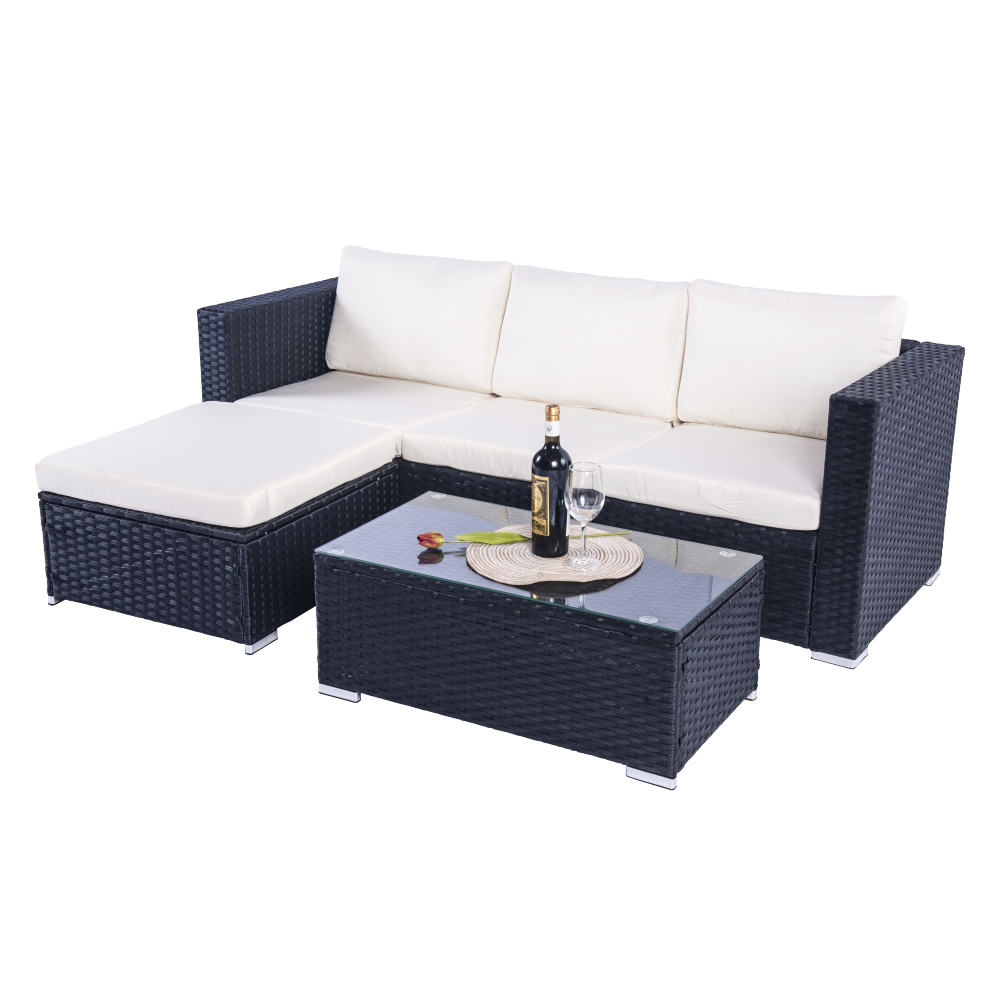 Mercia 4 Seat Black Rattan Set with white cushions