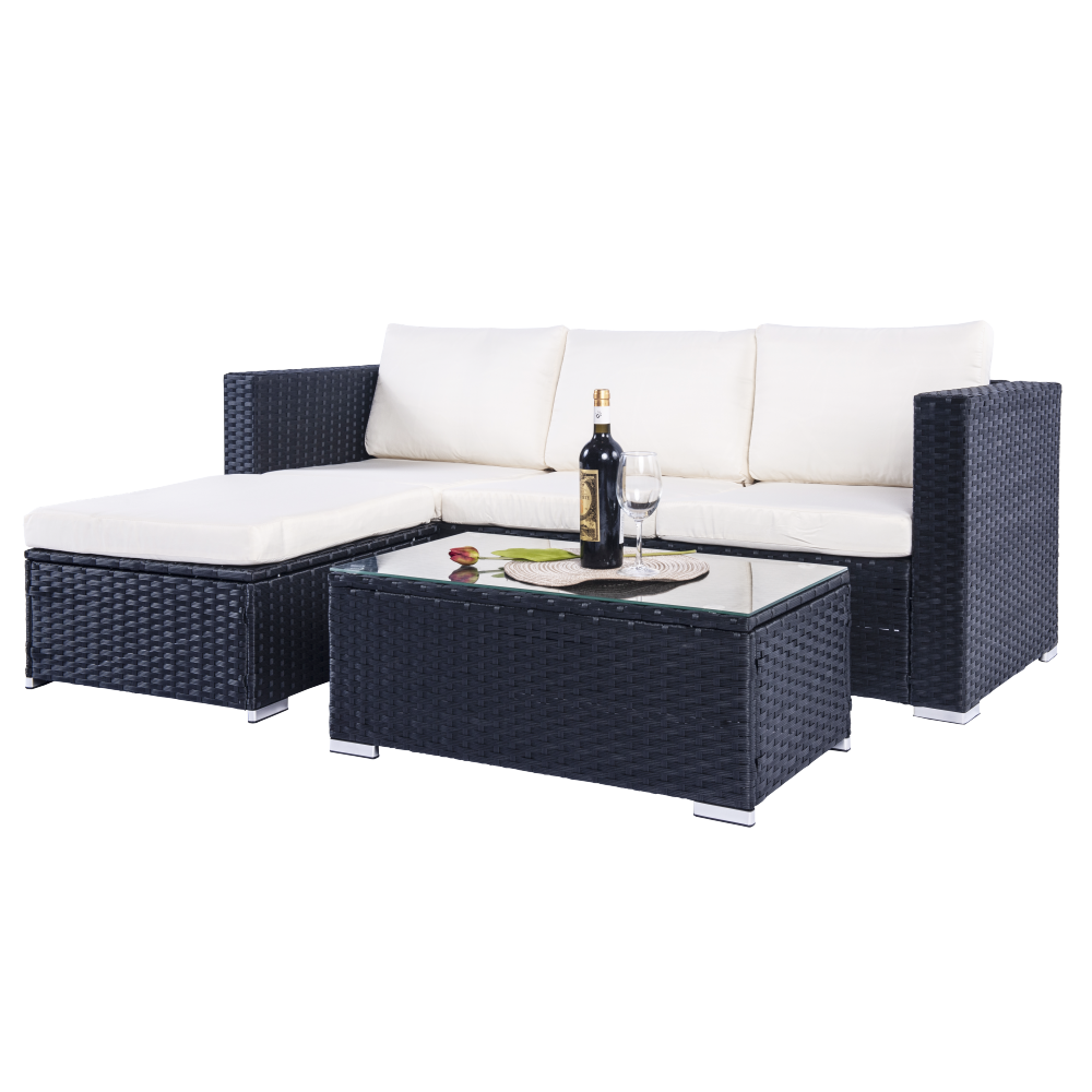 Mercia 4 Seat Black Rattan Set with white cushions