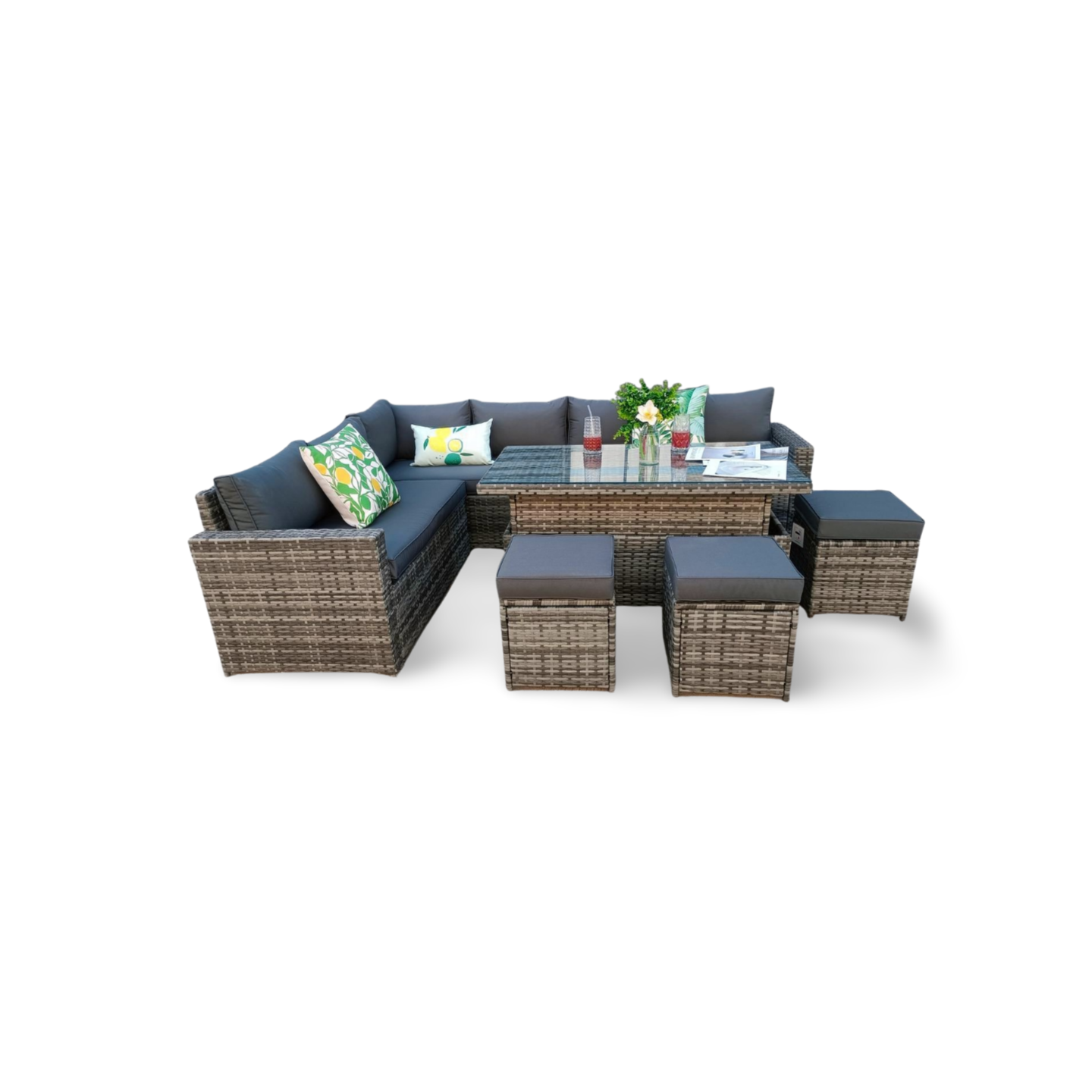 The Tarporley Grey 9 Seat Corner Rattan Dining Set - Rising Table - Madefor.Living