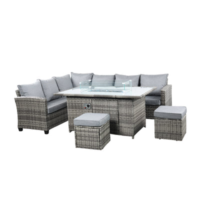 The Conwy 8 Seat Corner Gas Firepit Rattan Dining Set Dark Grey