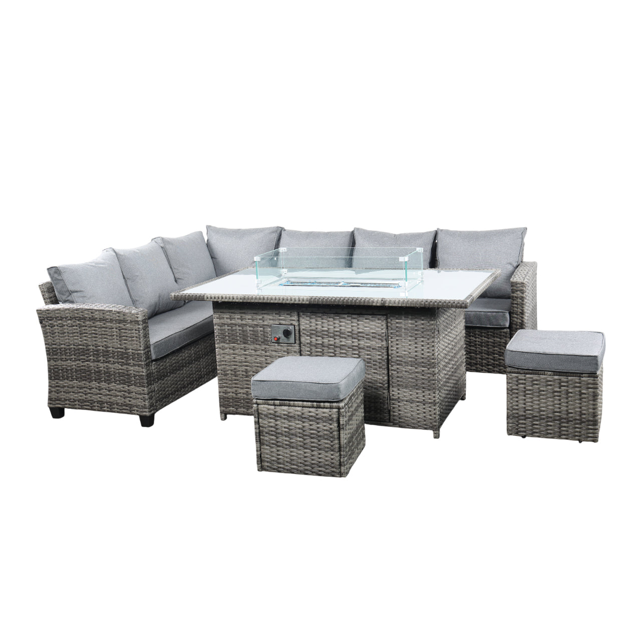 The Conwy 8 Seat Corner Gas Firepit Rattan Dining Set Dark Grey