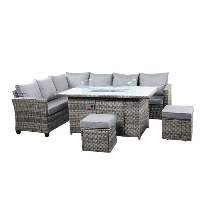 The Conwy 8 Seat Corner Gas Firepit Rattan Dining Set Dark Grey