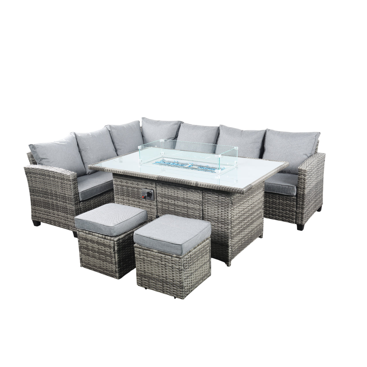 The Conwy 8 Seat Corner Gas Firepit Rattan Dining Set Dark Grey