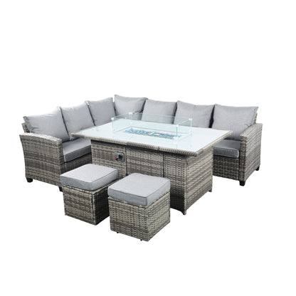 The Conwy 8 Seat Corner Gas Firepit Rattan Dining Set Dark Grey
