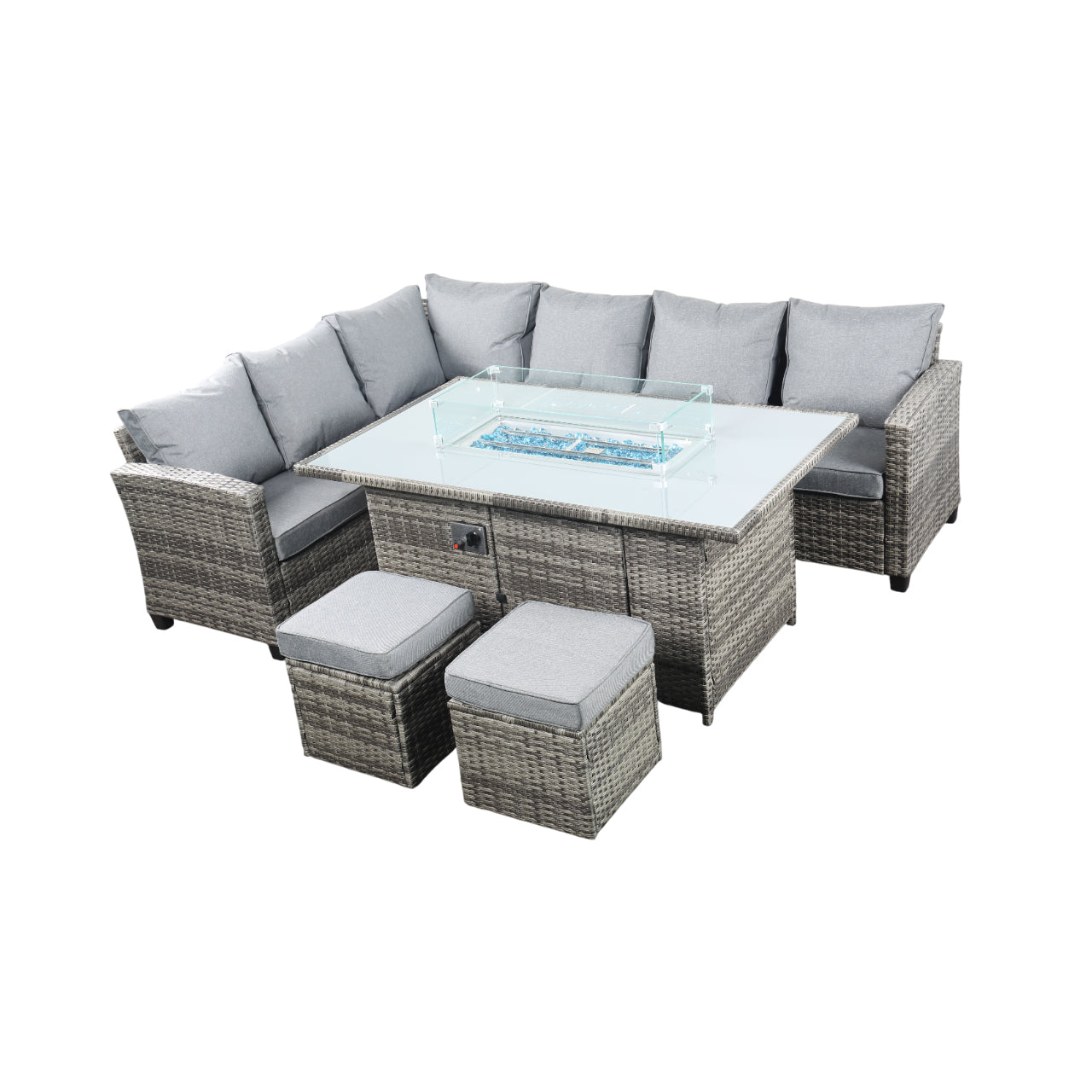 The Conwy 8 Seat Corner Gas Firepit Rattan Dining Set Dark Grey