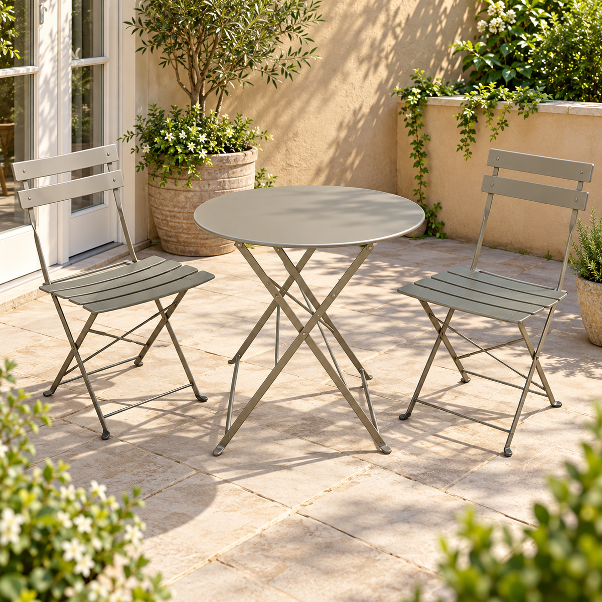 The Sutton-Leach Three-Piece Folding Metal Bistro Set