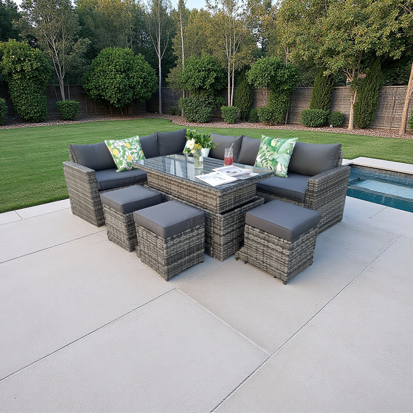 The Tarporley Grey 9 Seat Corner Rattan Dining Set - Rising Table - Madefor.Living