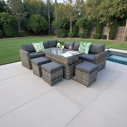 The Tarporley Grey 9 Seat Corner Rattan Dining Set - Rising Table - Madefor.Living