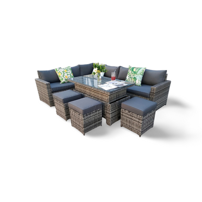 The Tarporley Grey 9 Seat Corner Rattan Dining Set - Rising Table - Madefor.Living