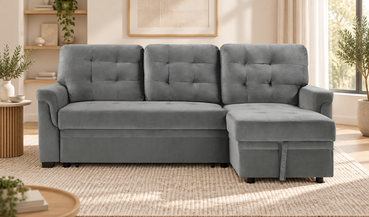 The Beacon Reversible Corner Sofa Bed with Storage – Grey Velvet