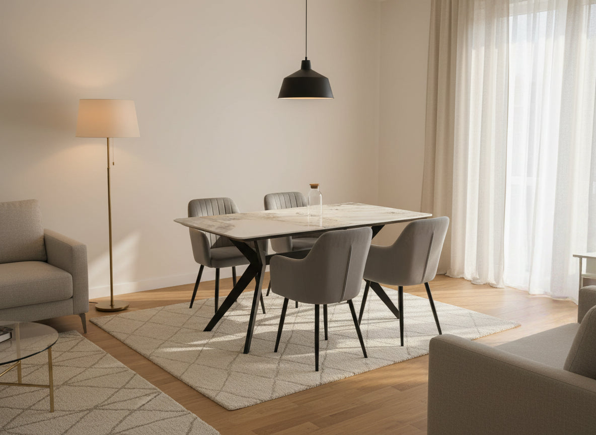 San Diego Marble Top Dining Table with Charlotte Velvet Chairs - Madefor.Living