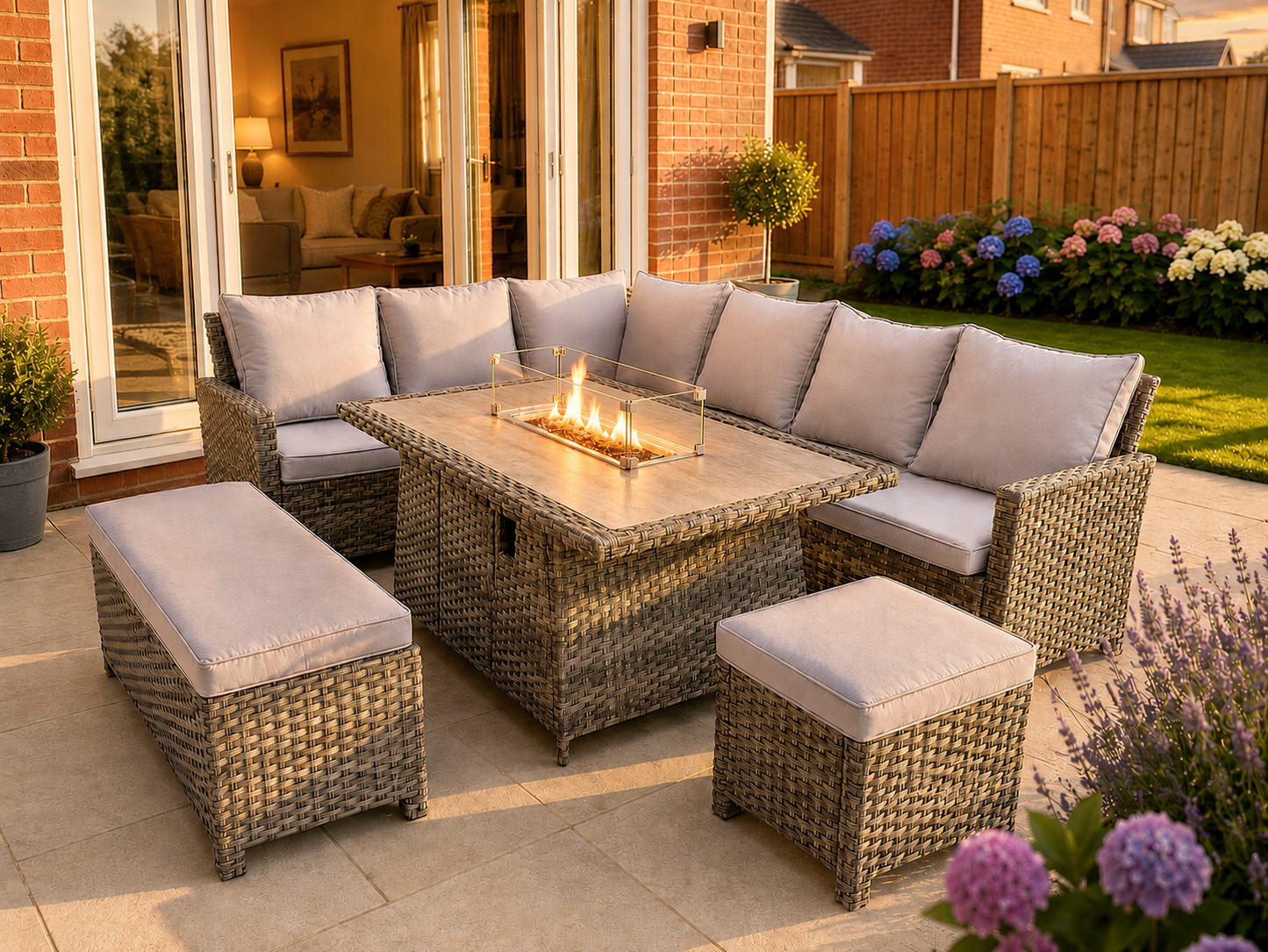 The Maldives Grey Aluminium 9 Seat Corner Gas Firepit Rattan Dining Set